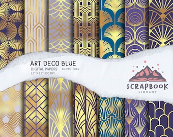 Art Deco Pattern Paper, Blue Geometrical Shape, Navy and Gold Flower Stylish Fashion, Electric blue lines Trend,  Blue wallpaper, Gatsby