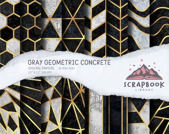 Digital Gray Concrete Paper, Geometric Pattern Paper, Scrapbook Supplies, Gold lines, Geometrical Shape Design, Grey Stone Texture, Marble