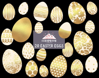 20 Easter egg clipart,Gold pattern easter bunny eggs, Hand drawn eggs Graphic Design, geometry eggs pattern clipart,instant download