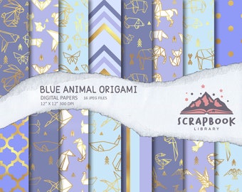 Origami Digital Paper, Animal Origami Pattern Paper, Scrapbook origami paper, Blue Origami Design, Animal Washi Paper, Pet Geometrical Shape