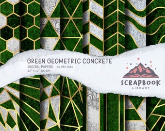 Digital Green Concrete Paper, Geometric Pattern Paper, Scrapbook Supplies, Gold lines, Geometrical Shape Design, Jade Texture, Stone Graphic
