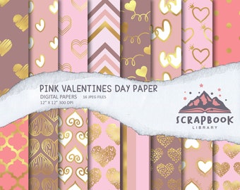 Papel digital para el Día de San Valentín, papel pastel Love Pattern, papel Sweet Heart Shape, diseño de pasión rosa y dorado