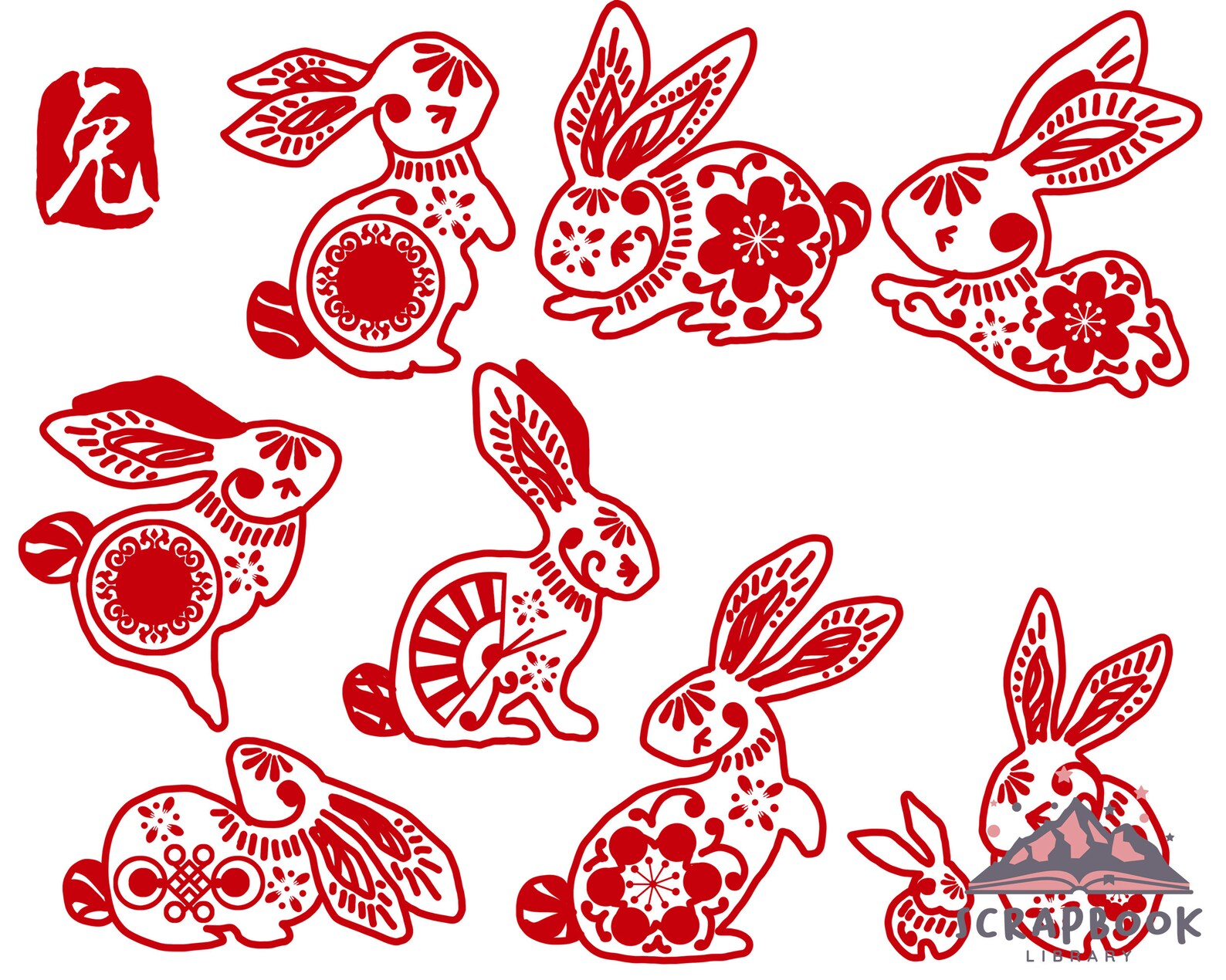 Chinese Zodiac Rabbit Ornaments Clipart Asian Bunny Pattern - Etsy
