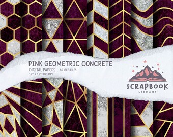 Digital Pink Concrete Paper, Geometric Pattern Paper, Scrapbook Supplies, Gold lines, Geometrical Shape Design, Stone Paper