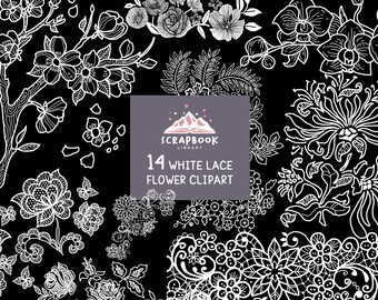 Clipart de encaje de flores blancas, patrón de flores tropicales, logotipo floral de rosas, flor en blanco y negro, orquídeas, hibiscos, rosas