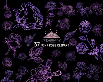 Rosen Clipart, Muttertagsblume, Lila Gold Blume, Rosa Metallic Blatt Form, Blütenknospe, Blatt Clipart, Rose Linien, Pflanze, Valentinstag