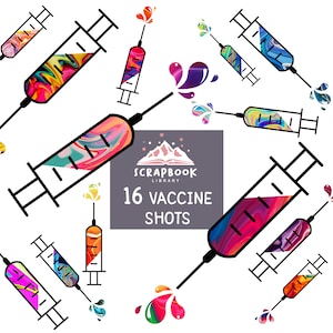 May include: A set of 16 digital scrapbook paper designs featuring colorful syringes with a marbleized effect. The designs are perfect for creating projects about health, medicine, or vaccinations.