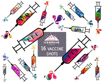 Imágenes prediseñadas de vacuna, vacuna COVID 19, vacuna contra la gripe, imágenes prediseñadas de jeringa, atención médica, bacterias, asesino de virus, gotas de colores, líquido arco iris, aguja
