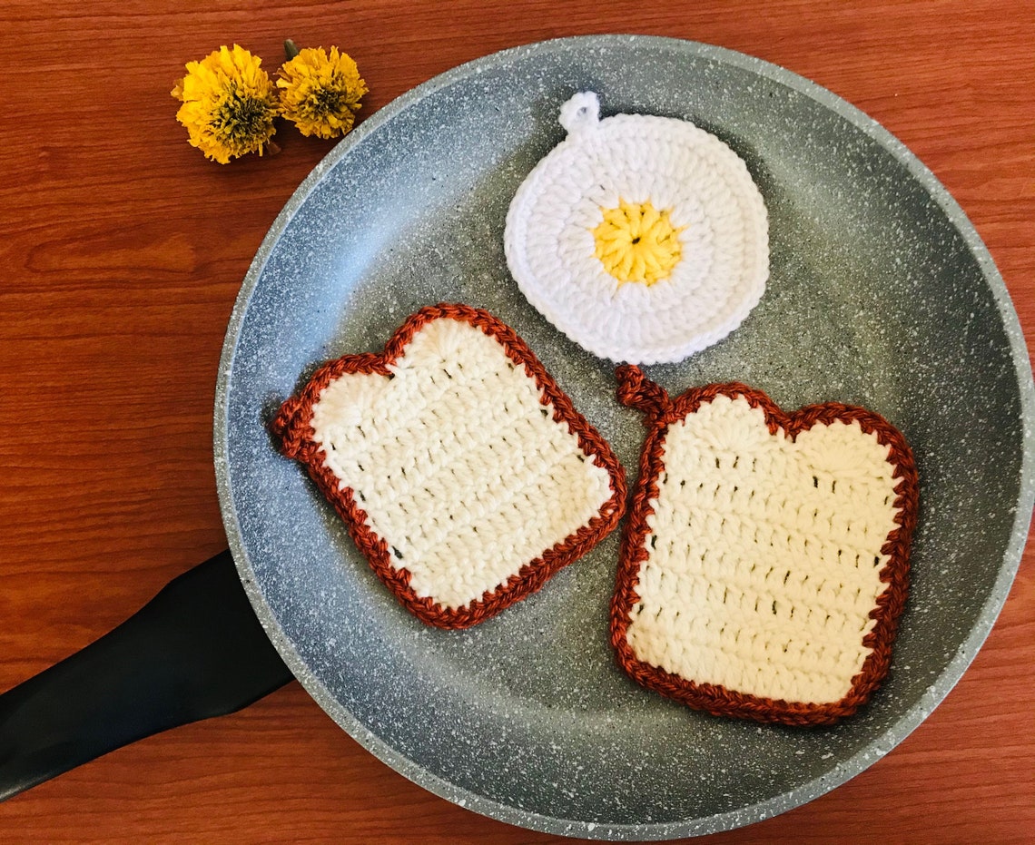 Crochet Egg and Toast Coaster Set 1 Fried egg and 1 toast Etsy