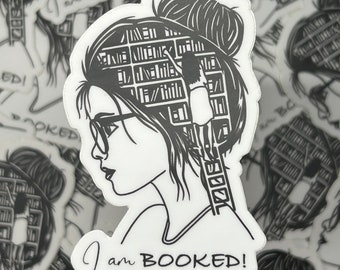 Girl with Glasses “I am booked” sticker for Kindle, water bottle, notebook and more