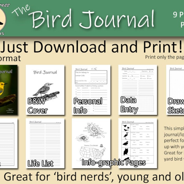 Bird Journal, Printable PDF, Bird Logbook, Bird Watching, Bird Lovers, Digital Download, Letter 8.5x11 inch, Scalable