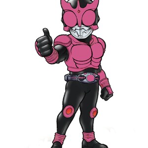 May include: A pink and black cartoon superhero character with a thumbs up gesture. The character is wearing a helmet with a pink visor and a pink and black suit.