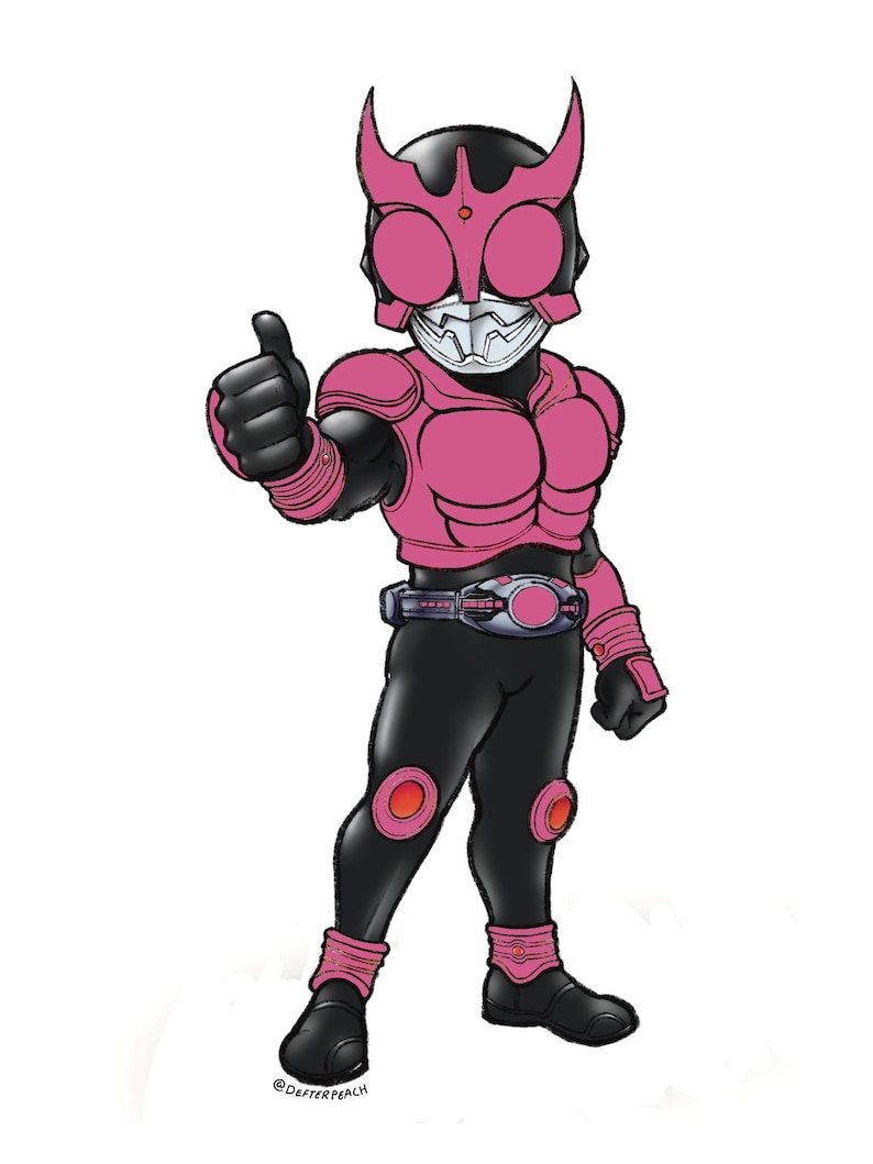 May include: A pink and black cartoon superhero character with a thumbs up gesture. The character is wearing a helmet with a pink visor and a pink and black suit.