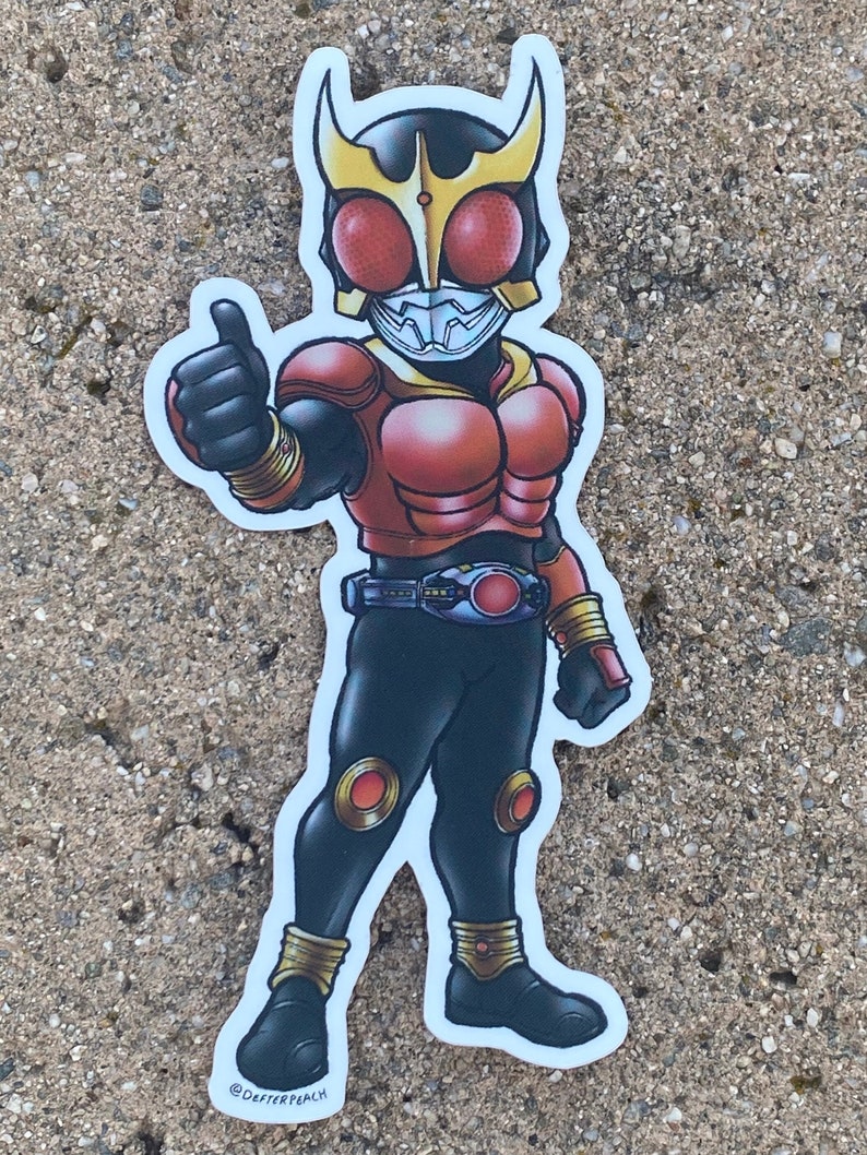 May include: A red and black cartoon character with a yellow helmet and red eyes gives a thumbs up. The character is wearing a belt with a red circle in the center. The character is standing on a white background.