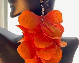 Orange Flower Earrings, Lightweight Long Earrings, Big Flower Earrings, Vacation earrings, Cruise earrings, Orange earrings, Summer, Pretty