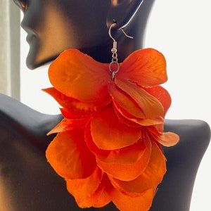 Orange Flower Earrings, Lightweight Long Earrings, Big Flower Earrings, Vacation earrings, Cruise earrings, Orange earrings, Summer Fashion