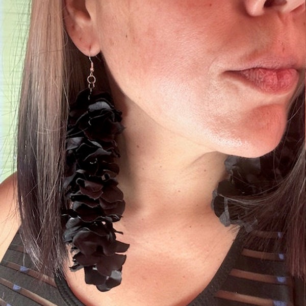 Long Black Flower Earrings, Long Lightweight Earrings, Flower Earrings, Very Long Light Flower Earrings, Summer Earrings, Vacation Earrings