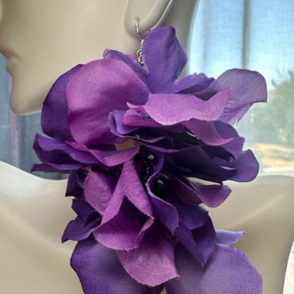 Purple Flower Earrings, Big Purple Earrings, Long Lightweight Earrings, Summer Earrings, Vacation Earrings, Cruise Earrings, Summer Vibes