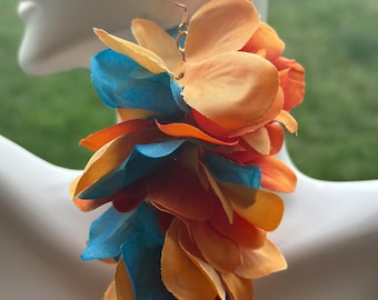 Big Orange and Blue Flower Earrings: Lightweight Statement Jewelry, Large Orange and Blue Statement Earrings, Vacay Earrings, Colorful Glam