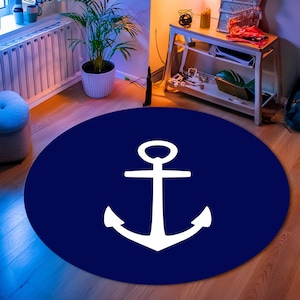 Marine Themed Round Rug, Anchor Rugs, Navy Blue Round Rug, Nautical Decor, Washable and Non Slip Rug