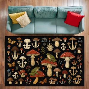 Frog and Mushroom Forest Rug, Cottagecore Toadstool Area Carpet, Dark Botanical Boho Rug for Nature Lovers and Cozy Rooms