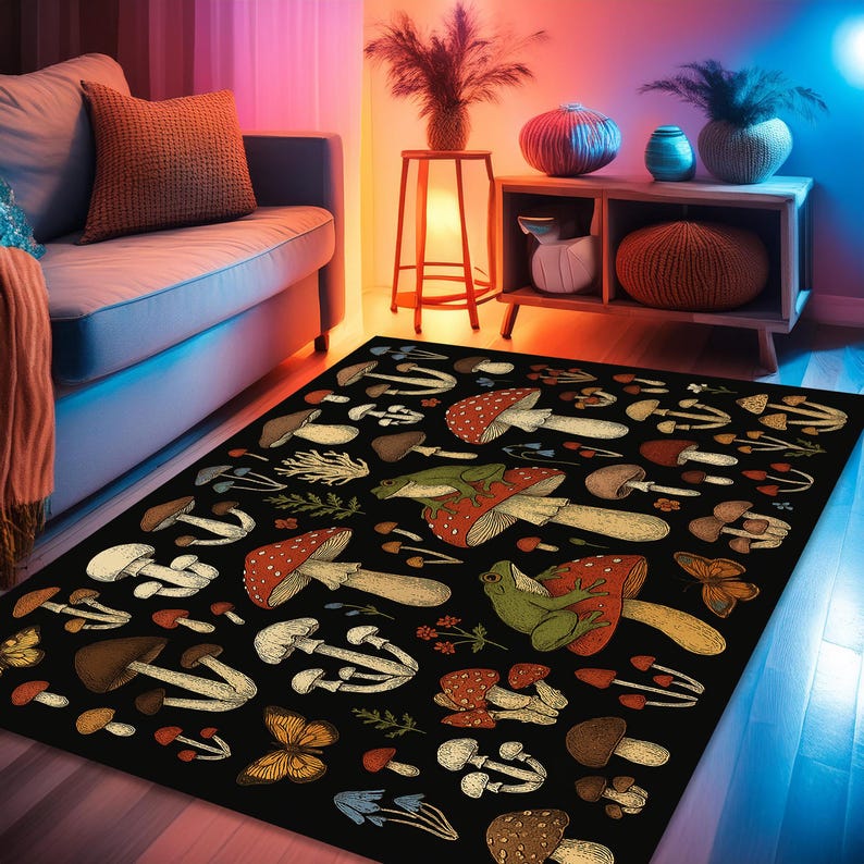 Toadstool Rug Frog and Mushroom Forest Rug, Cottagecore Toadstool Area Carpet, Dark ...