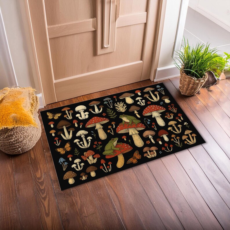 Toadstool Rug Frog and Mushroom Forest Rug, Cottagecore Toadstool Area Carpet, Dark ...