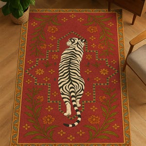 Bengal Tiger Rug with Floral Red Oriental Pattern, Bold Animal Print Carpet, Bohemian Jungle Inspired Area Rug, Living Room Accent,Large Rug