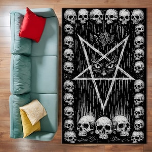 Gothic Skull Pentagram Rug, Occult Dark Art Area Carpet, Witchy Satanic Aesthetic Rug for Bedroom Living Room Decor