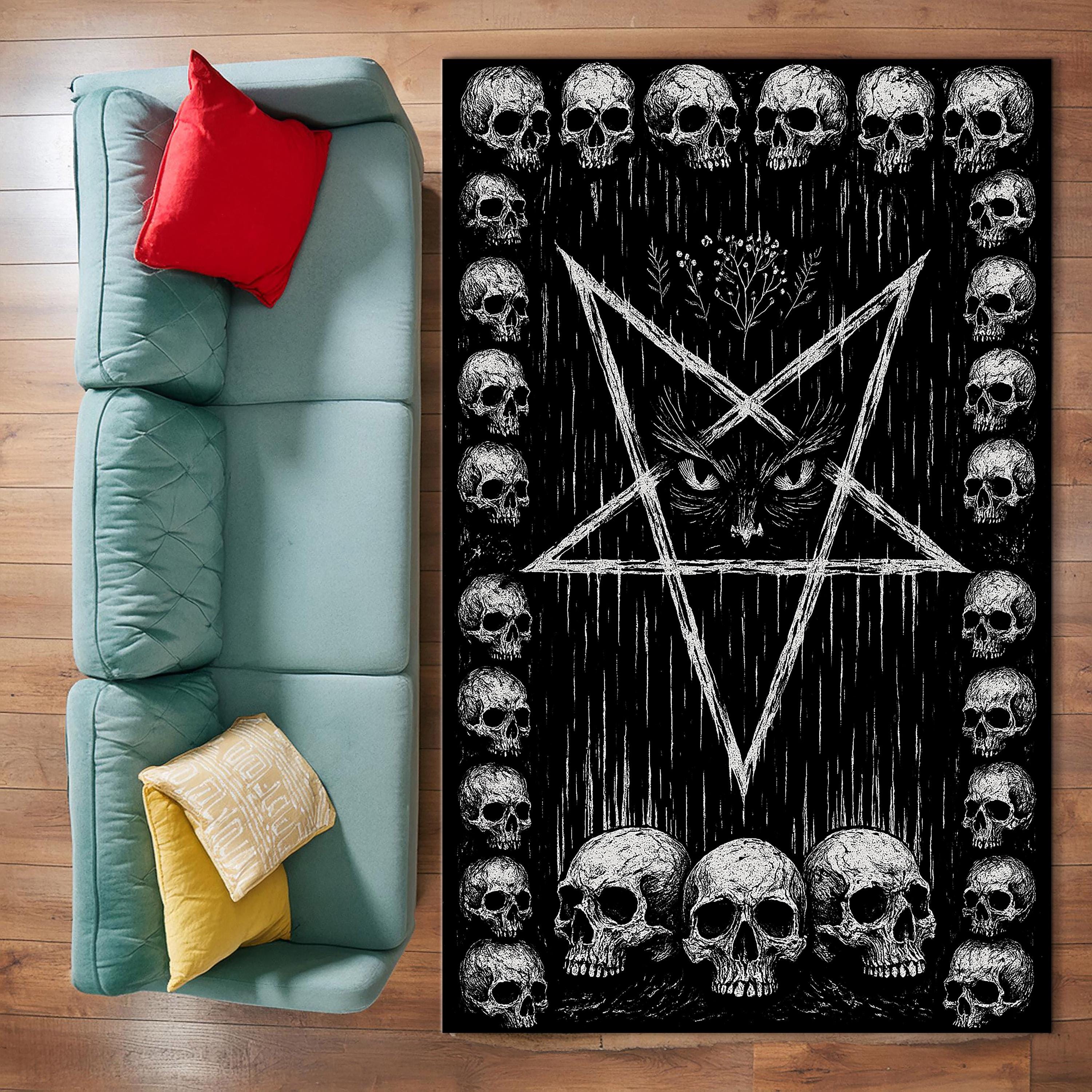 Gothic Skull Pentagram Rug, Occult Dark Art Area Carpet, Witchy Satanic ...
