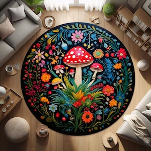 Mushroom Rug, Botanical Mushroom Rug, Flower Decor Rug, Mushroom Round Rug, Mushroom Area Rug, Mushroom Lovers Rug, Kitchen Rug, Nature Rug