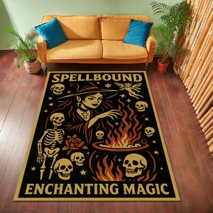 Spellbound Witch Rug – Gothic Halloween Decor with Cauldron, Skeletons & Skulls, Enchanting Magic Carpet for Living Room or Bedroom