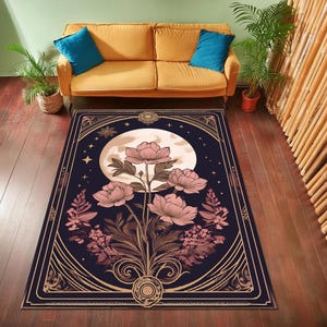 Alfombra de Luna y Flores, Alfombra de Tarot de Luna y Flores, Alfombra de Cielo Nocturno, Alfombra Floral de Luna Llena, Decoración Mágica y Estética Astrológica Celestial