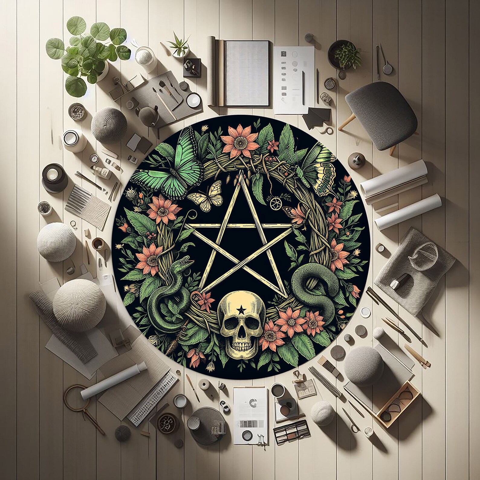 Nature Pentacle Round Rug, Wood Themed Round Rug, Psychedelic Gothic ...