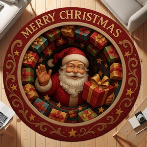 Runder Weihnachtsteppich mit Weihnachtsmann mit einem Geschenk, umgeben von Geschenken und Sternen, Festlicher Urlaub Teppich für Wohnkultur