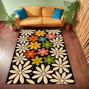 Retro Flower Power Rug – Colorful Daisy Pattern Carpet, 70s Groovy Floral Decor for Boho Living Room, Bedroom or Kids&#39; Playroom