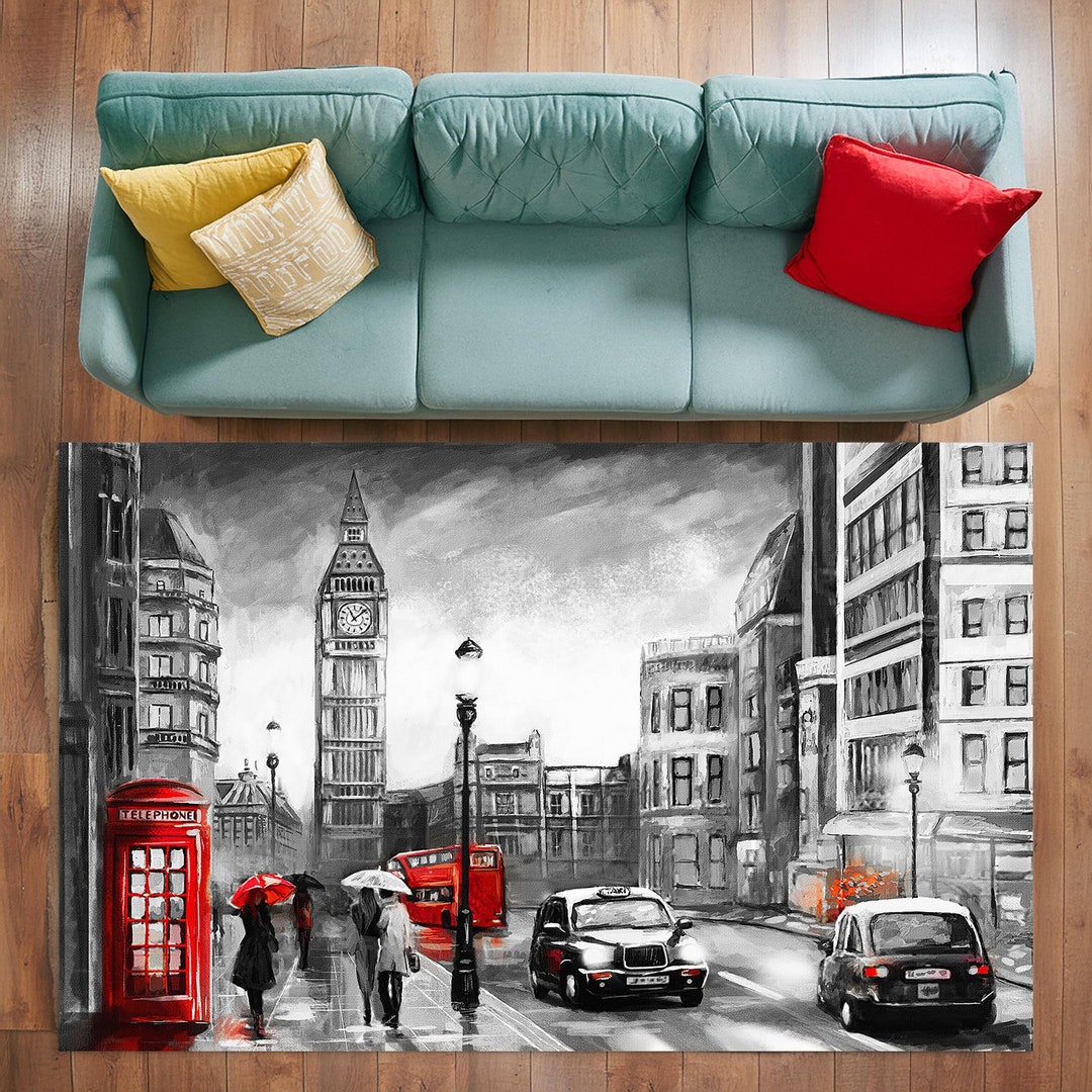 Telephone Rug London Red Telephone Box Rug, Big Ben Landscape, London Rug Art, Big ...