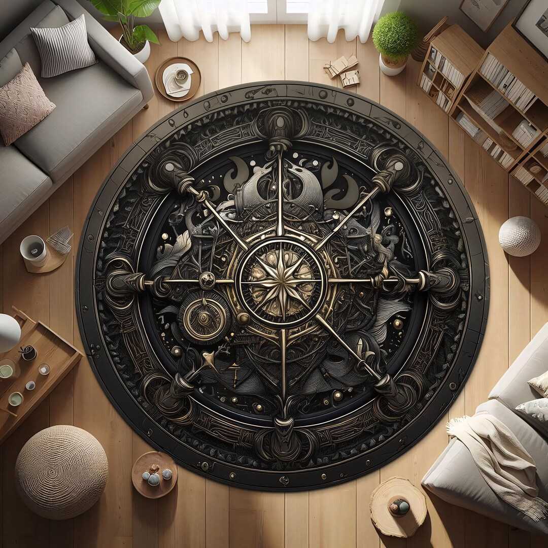 Gothic Round Rug, Antique Compass Rug, Vegvisir Shield Rug, Norse ...