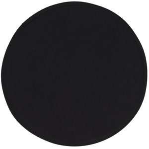 May include: A black round coaster with a smooth surface.