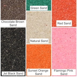 May include: A collection of coloured sand in various shades, including chocolate brown, green, red, natural, jet black, sunset orange, and flamingo pink.