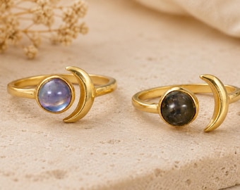 Gold Crescent Moon Ring, Celestial Crystal Statement Band, Witchy Gemstone Ring, Open Boho Moon Jewelry, Adjustable Ring
