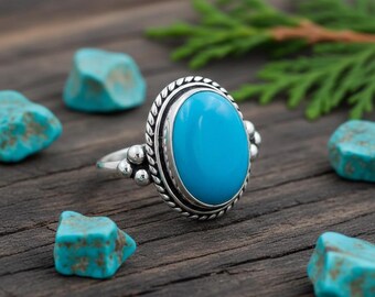 Oval Turquoise Sterling Silver Ring, Boho Statement Gemstone Jewelry
