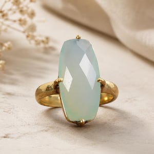 Large Green Chalcedony Statement Ring, Elongated Hexagon Faceted Stone Jewelry