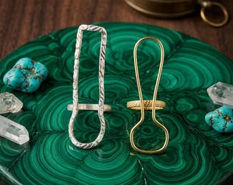 Anillo artístico largo para dedo, anillo llamativo para mujer, anillo geométrico minimalista moderno, anillo abierto ajustable, plata y oro únicos.