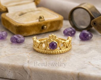 Handmade Brass Amethyst Ring: Adjustable Boho Gemstone Jewelry