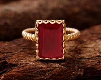 Roter Edelstein Ring, Gold Statement Ring, Rechteck Stein Ring, Vintage Style Ring, Rubin Look Ring, Geschenk für sie, handgemachter Schmuck