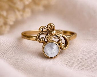 Handgemachte Mondstein Blume Ring, verstellbare Messing Körper Schmuck