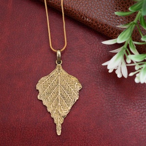 Gold Handmade Leaf Pendant, Unique Gifts For Her, Gold Long leaf Necklace, Gift for Women, Natural Handmade Jewelry, Boho Necklace