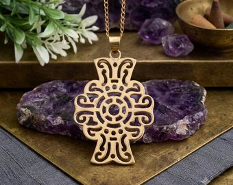 Gold Beeline Cross Pendant Necklace: Celtic Ethiopia Style