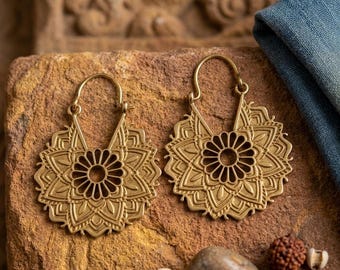 Handmade Brass Flower Mandala Hoop Earrings: Boho Statement Jewelry